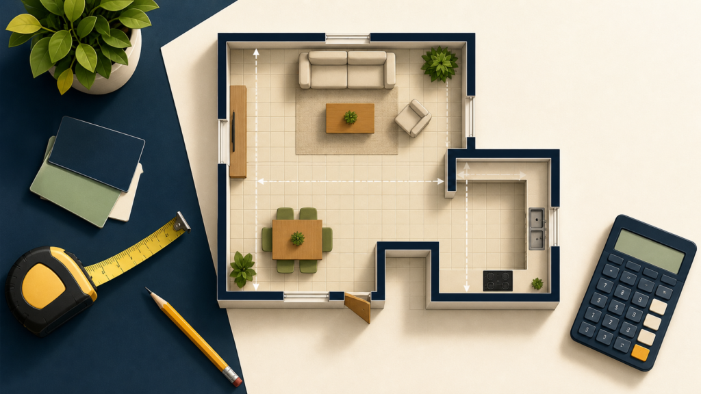 Floor plan, measuring tape, pencil, and calculator arranged for a square-foot calculation