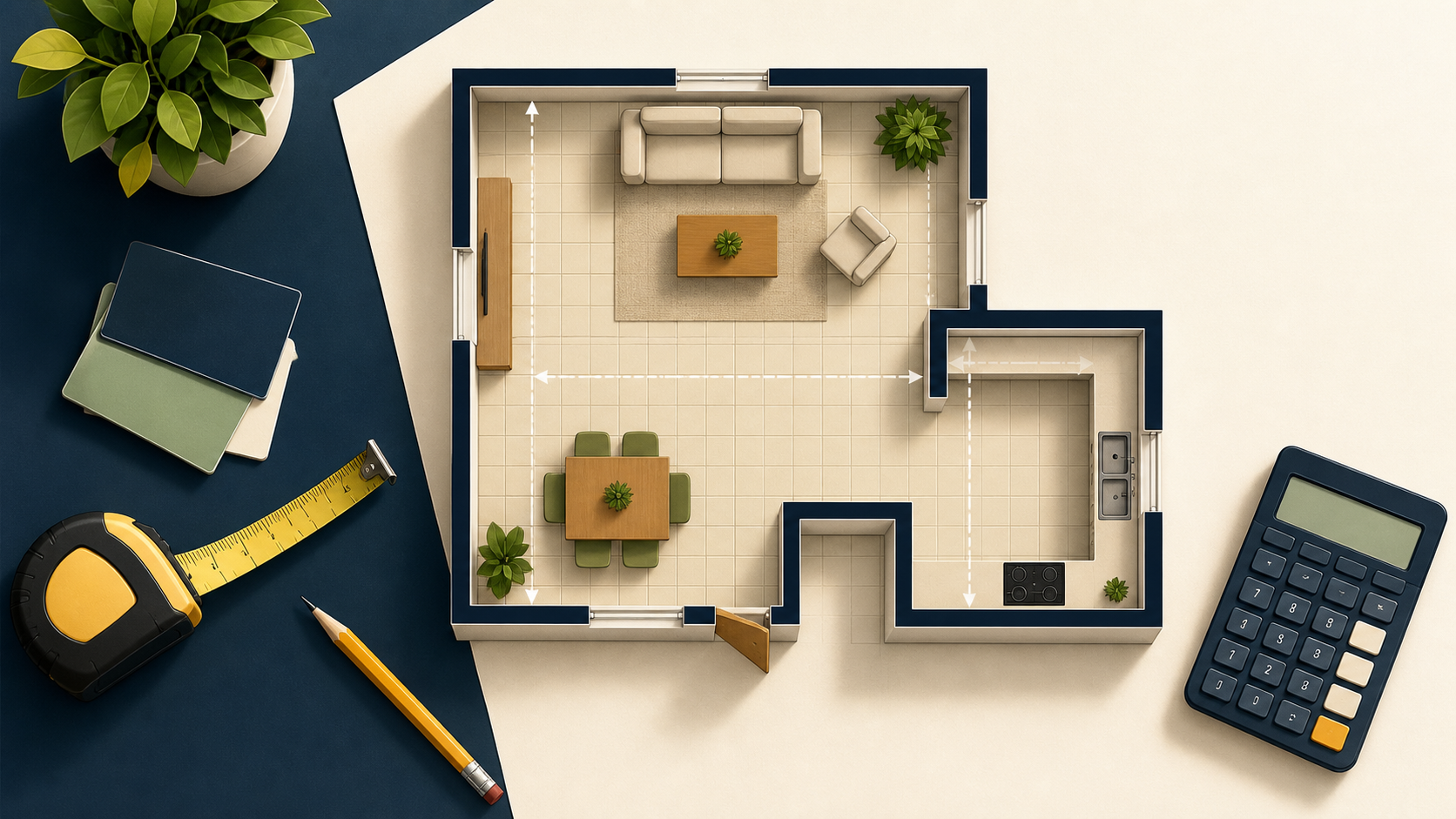 Floor plan, measuring tape, pencil, and calculator arranged for a square-foot calculation