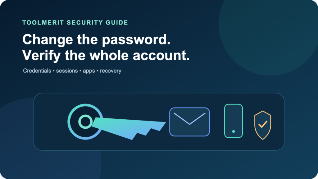 Email account security illustration connecting a password key to devices, sessions, apps, and recovery controls