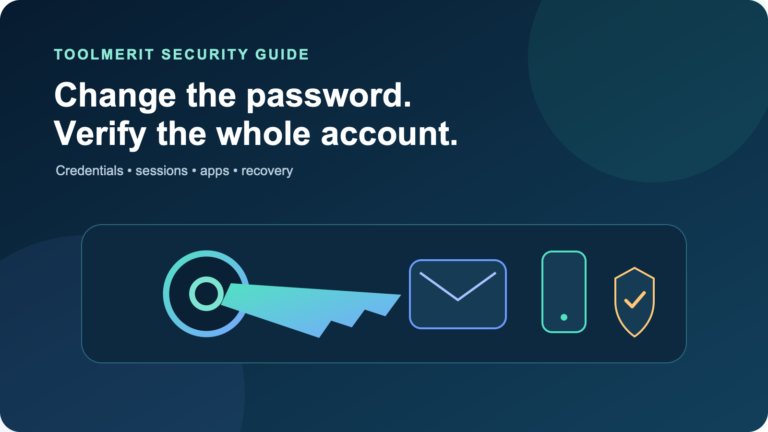 Email account security illustration connecting a password key to devices, sessions, apps, and recovery controls