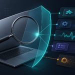 A magnifying glass examines abstract software layers on a laptop beside a security shield
