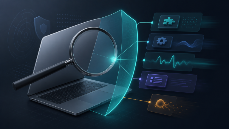 A magnifying glass examines abstract software layers on a laptop beside a security shield