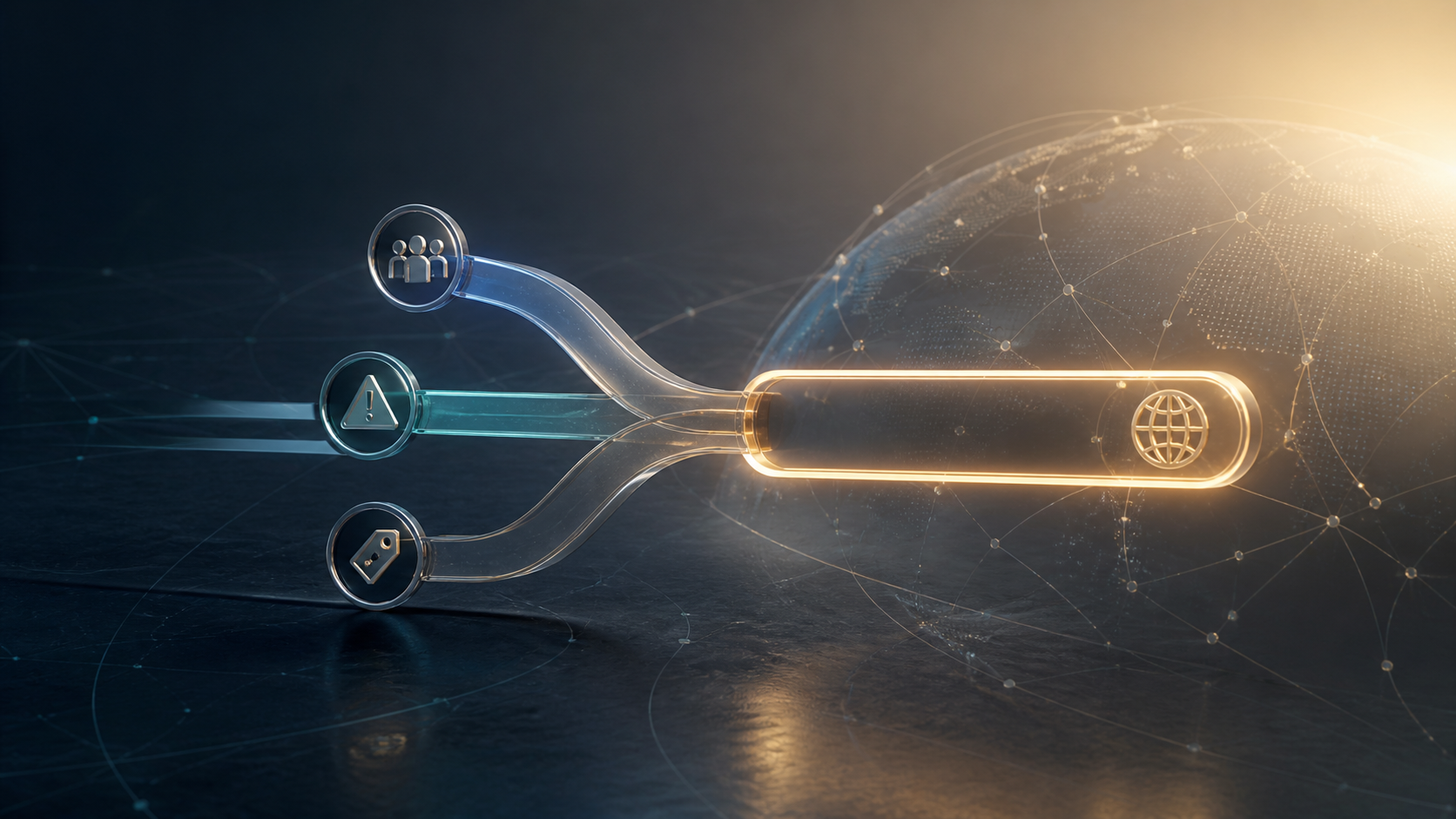 Several abstract selection paths converge into one web address beacon connected to a global network