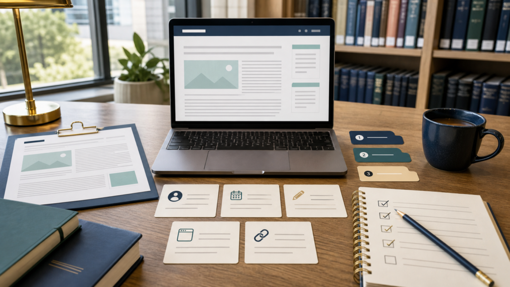 Library desk with a webpage, printed source, metadata cards, citation-style tabs, and a checklist