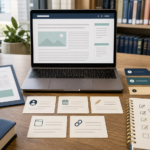 Library desk with a webpage, printed source, metadata cards, citation-style tabs, and a checklist