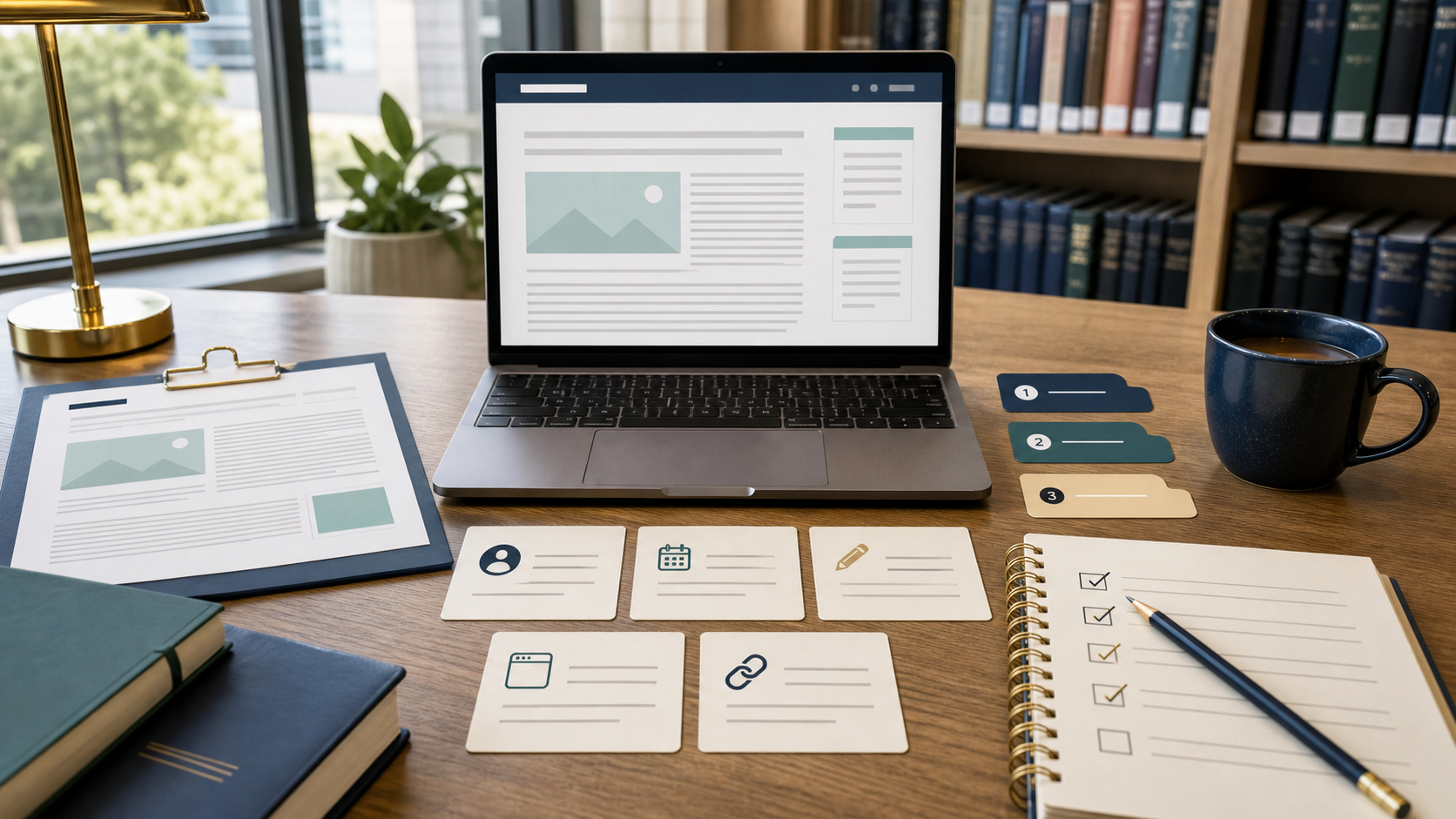 Library desk with a webpage, printed source, metadata cards, citation-style tabs, and a checklist
