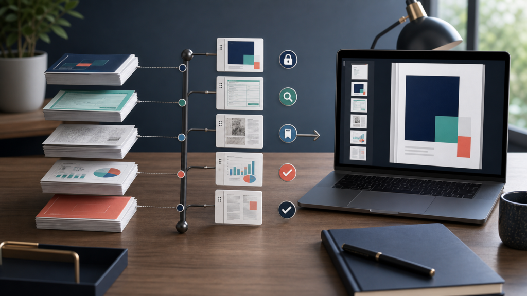 Several PDF sections flowing in a controlled order into one verified combined document