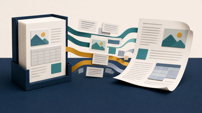 A fixed-layout document is reorganized into a flexible editable document