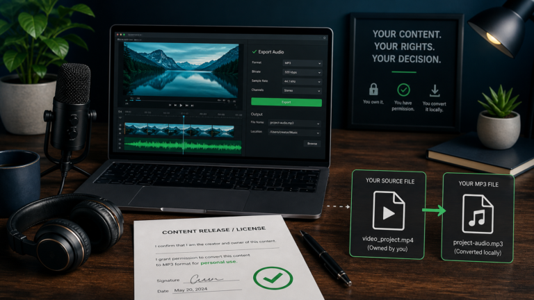Creator workstation shows an owned video source, permission record, and local MP3 export path