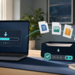 Laptop transferring document, image, archive, and installer files into a verified destination folder