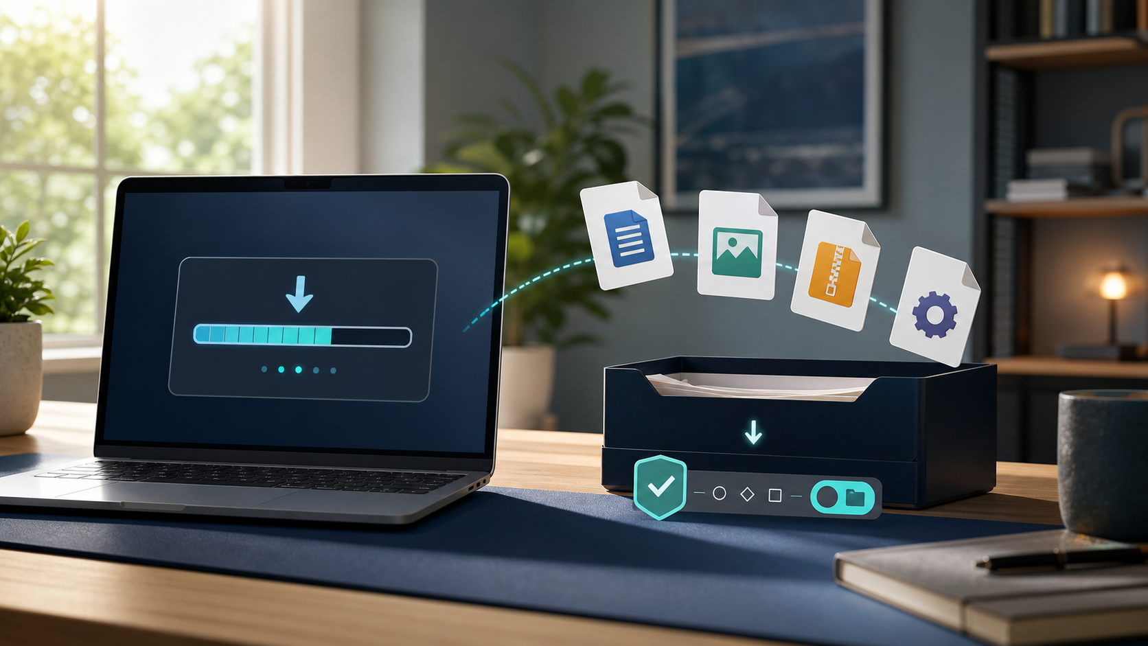 Laptop transferring document, image, archive, and installer files into a verified destination folder