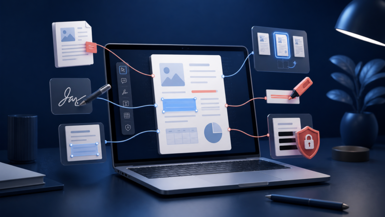 An unbranded laptop surrounded by abstract PDF markup, signature, page arrangement, and redaction tools