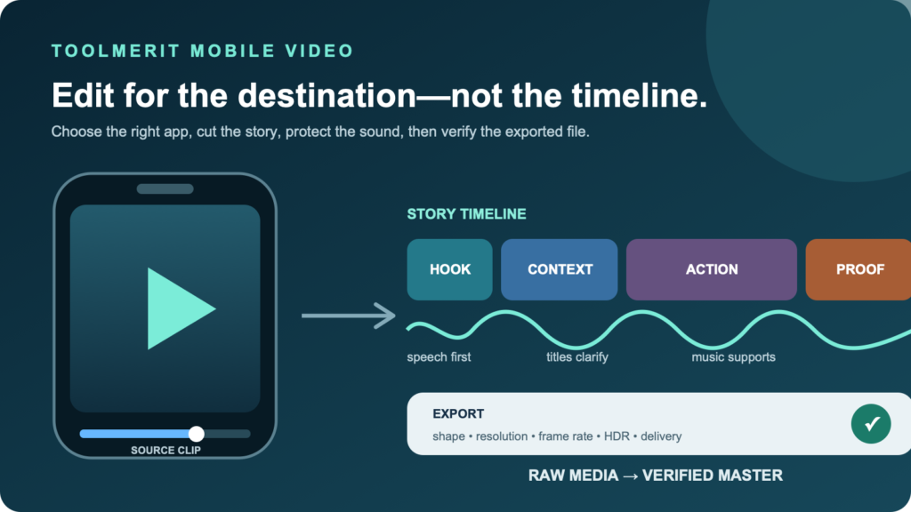 An iPhone-shaped video frame connected to a filmstrip, audio lane, titles, and a verified export