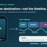 An iPhone-shaped video frame connected to a filmstrip, audio lane, titles, and a verified export