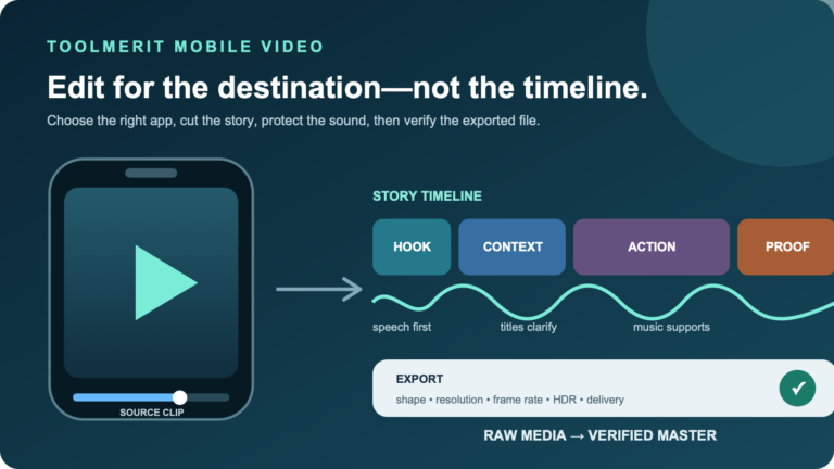 An iPhone-shaped video frame connected to a filmstrip, audio lane, titles, and a verified export