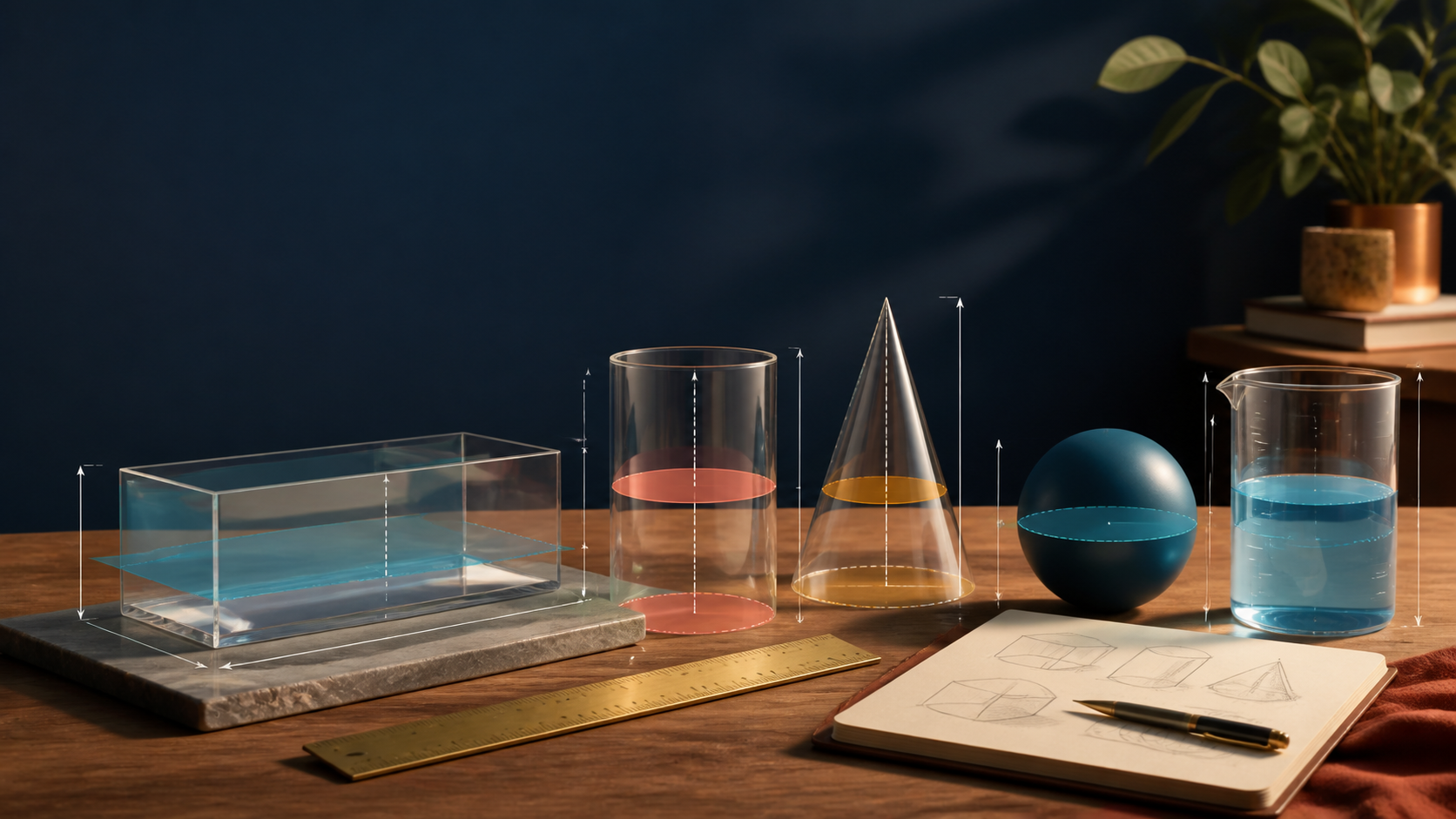 Geometric solids, a ruler, and a water container arranged for measuring volume
