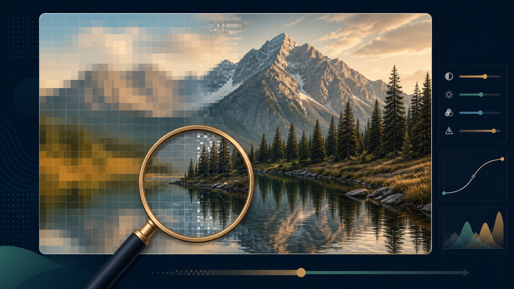 A photo transitions from visible pixel blocks to a smoother edited version