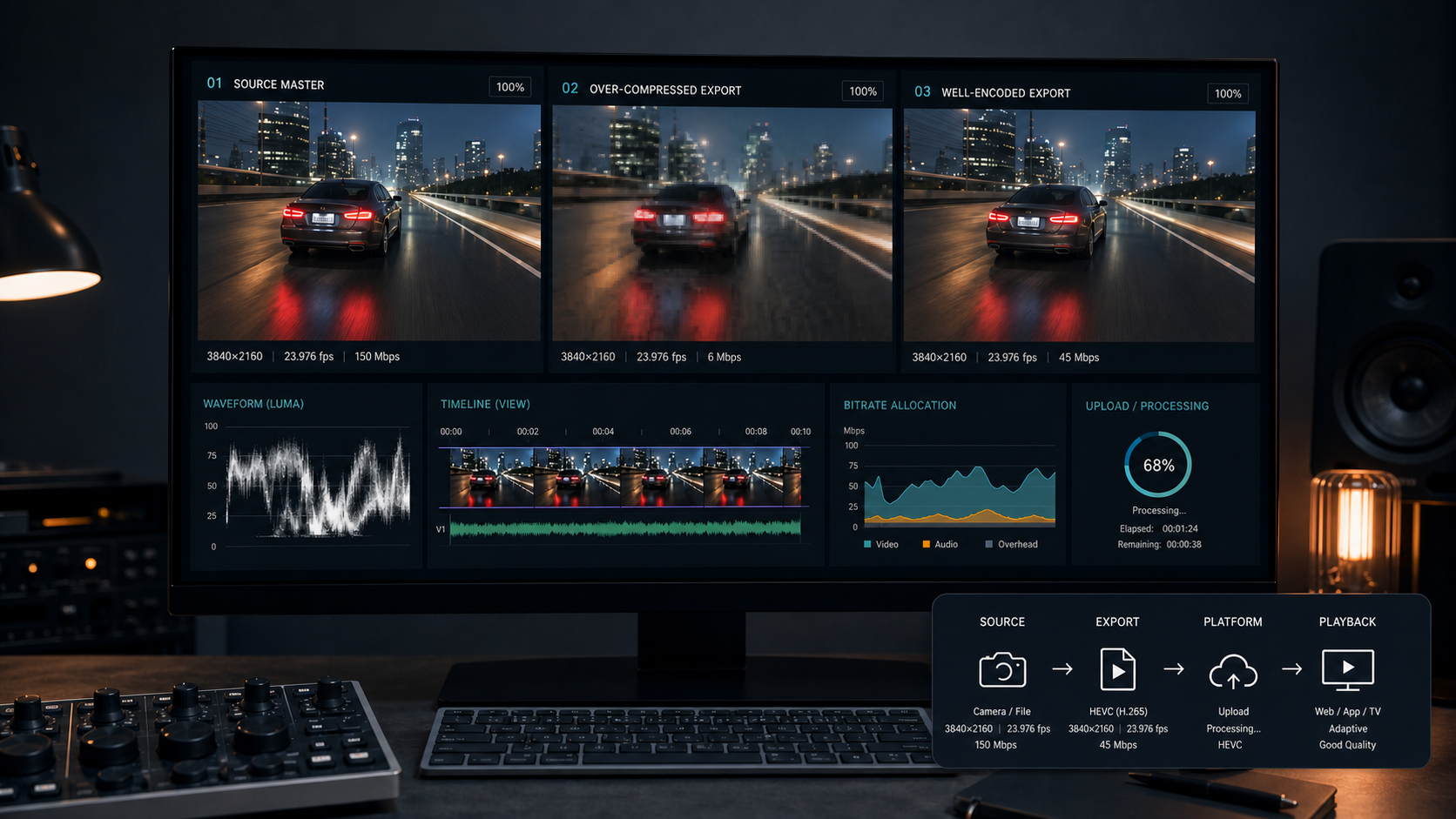 Video workstation compares a sharp source master with over-compressed and well-encoded exports