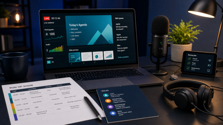 Webinar control desk shows a live interface, run of show, microphone, headphones, and backup plan