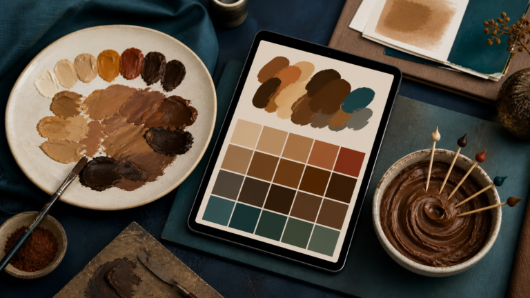 Brown paint swatches, a digital palette, and brown icing arranged as separate color-making work areas