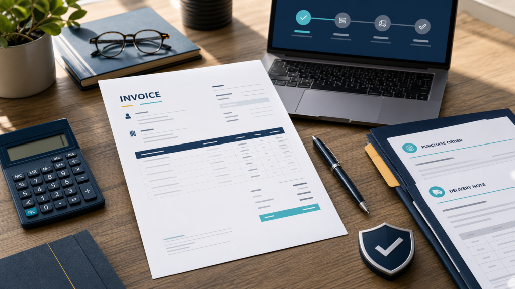 Professional invoice on a small-business desk with calculator, purchase order, delivery note, payment status, and security check