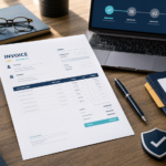 Professional invoice on a small-business desk with calculator, purchase order, delivery note, payment status, and security check