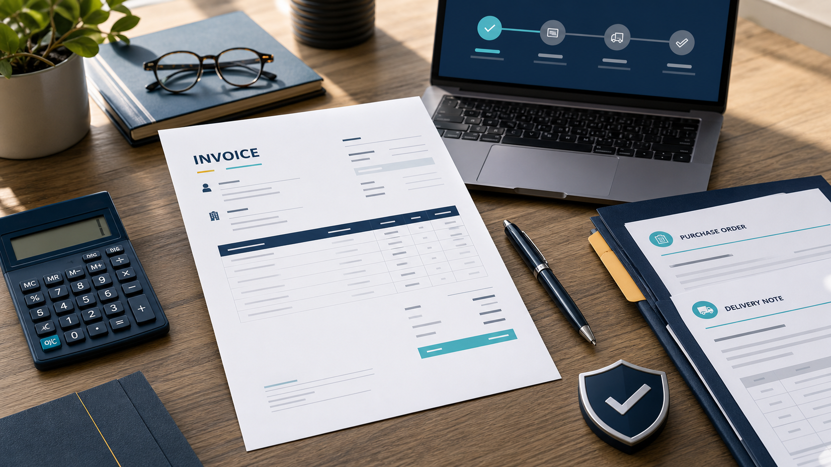 Professional invoice on a small-business desk with calculator, purchase order, delivery note, payment status, and security check