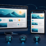 One webpage reorganizes from a wide desktop layout into tablet and single-column phone layouts