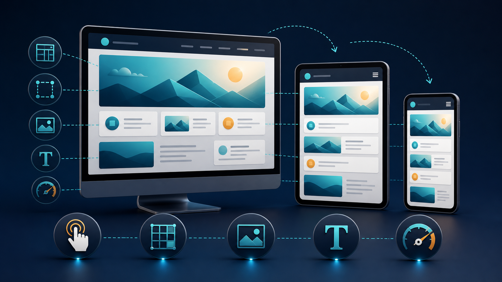 One webpage reorganizes from a wide desktop layout into tablet and single-column phone layouts