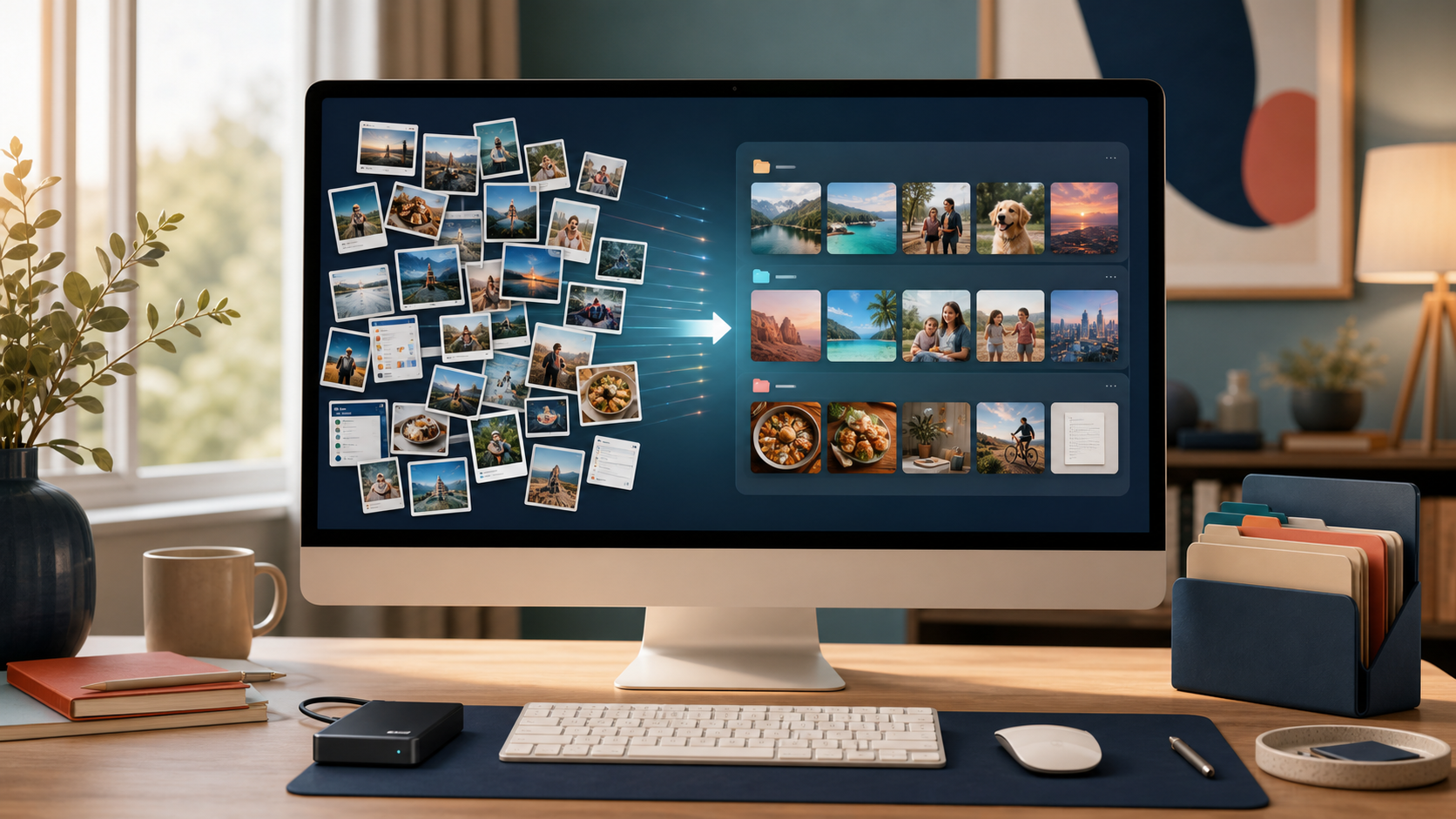 A desktop photo library changes from scattered image thumbnails into organized album rows