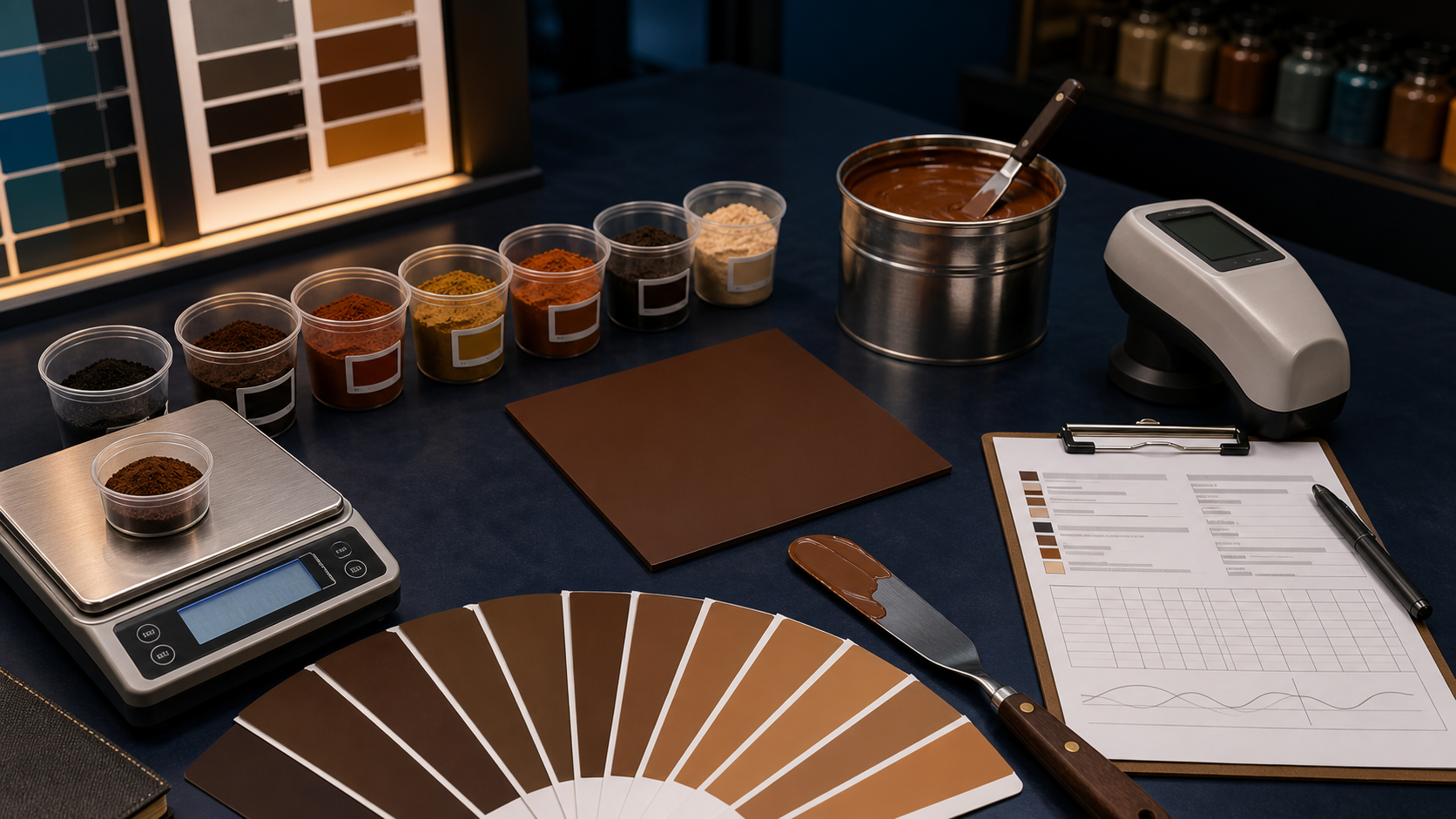 Brown color production workbench with weighed components, master swatch, batch drawdowns, measurement instrument, and quality record