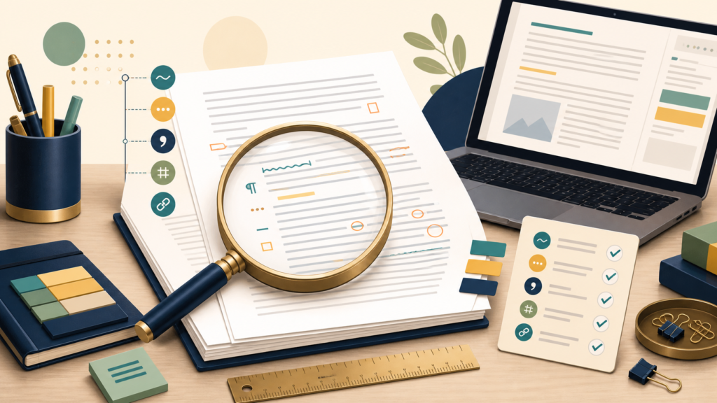 Magnifying glass, marked manuscript, checklist, and laptop represent a detailed proofread