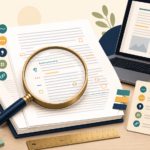 Magnifying glass, marked manuscript, checklist, and laptop represent a detailed proofread