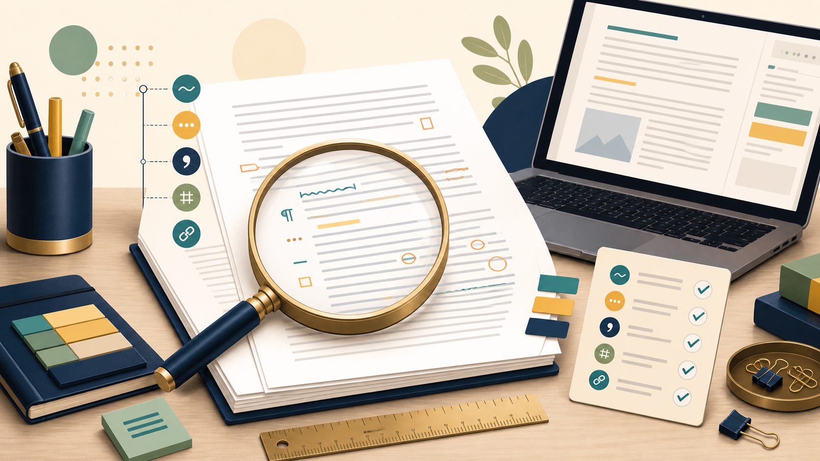 Magnifying glass, marked manuscript, checklist, and laptop represent a detailed proofread