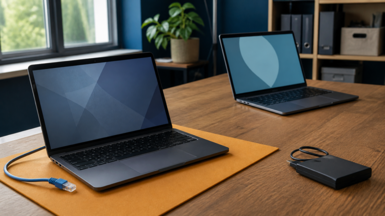 An isolated laptop with its network cable unplugged beside a separate clean recovery computer