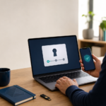 A person completing account recovery on a laptop with a phone and security key