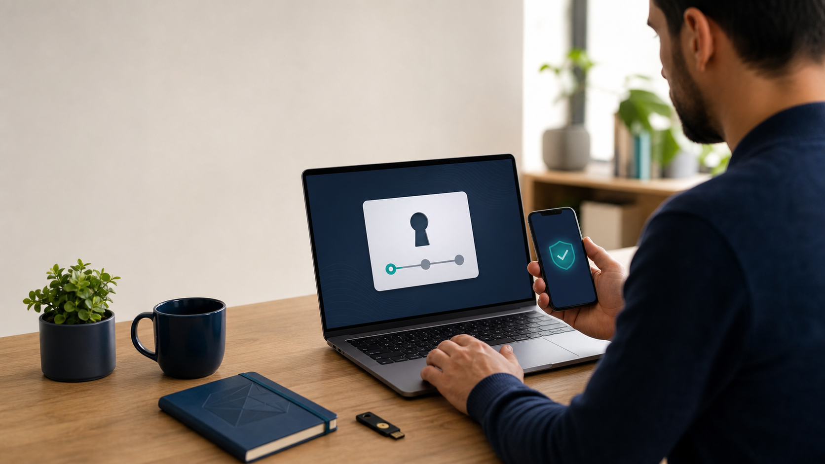 A person completing account recovery on a laptop with a phone and security key