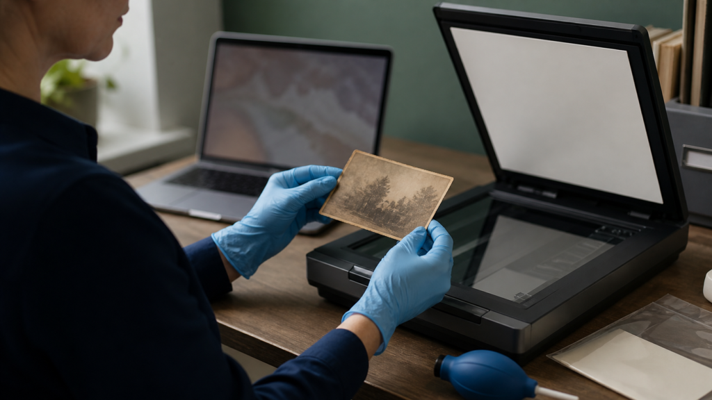 A person carefully supports an old photographic print beside an open flatbed scanner