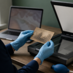 A person carefully supports an old photographic print beside an open flatbed scanner