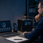 An administrator reviewing malware scan status across a computer, phone, and small server