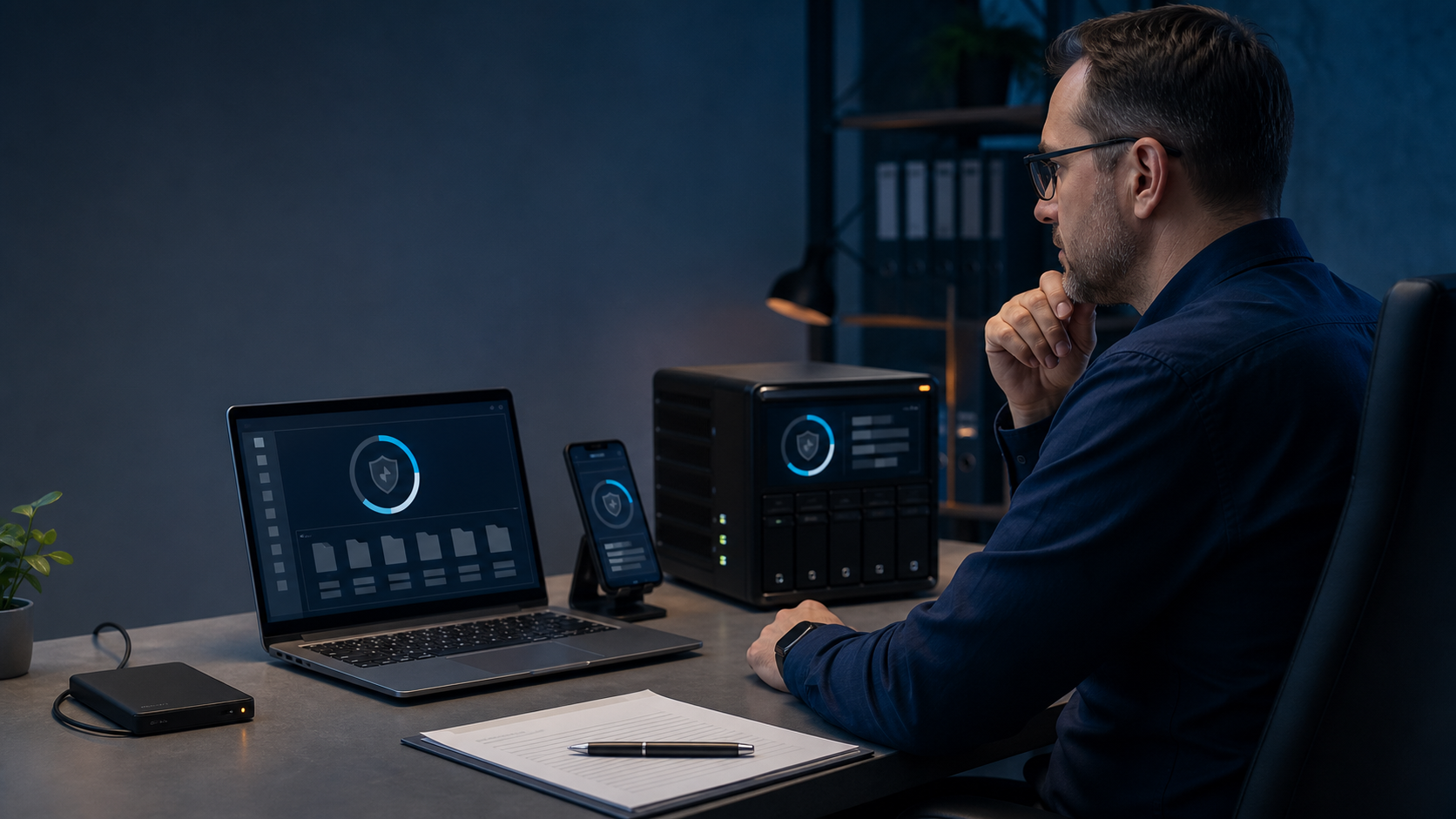 An administrator reviewing malware scan status across a computer, phone, and small server