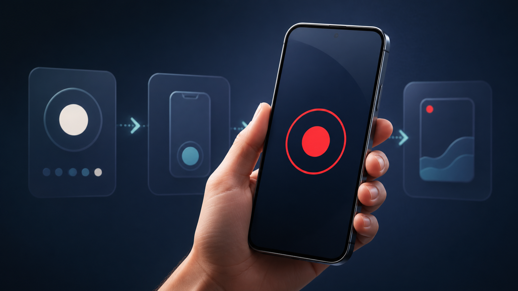 A hand holds a generic smartphone displaying a red screen-recording symbol