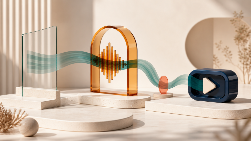 A translucent recording ribbon passes through a sound arch and stop marker into a finished playback object