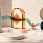 A translucent recording ribbon passes through a sound arch and stop marker into a finished playback object