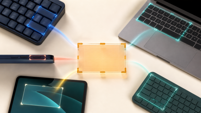 Unbranded computer, phone, and tablet controls surround a central glowing screenshot selection frame