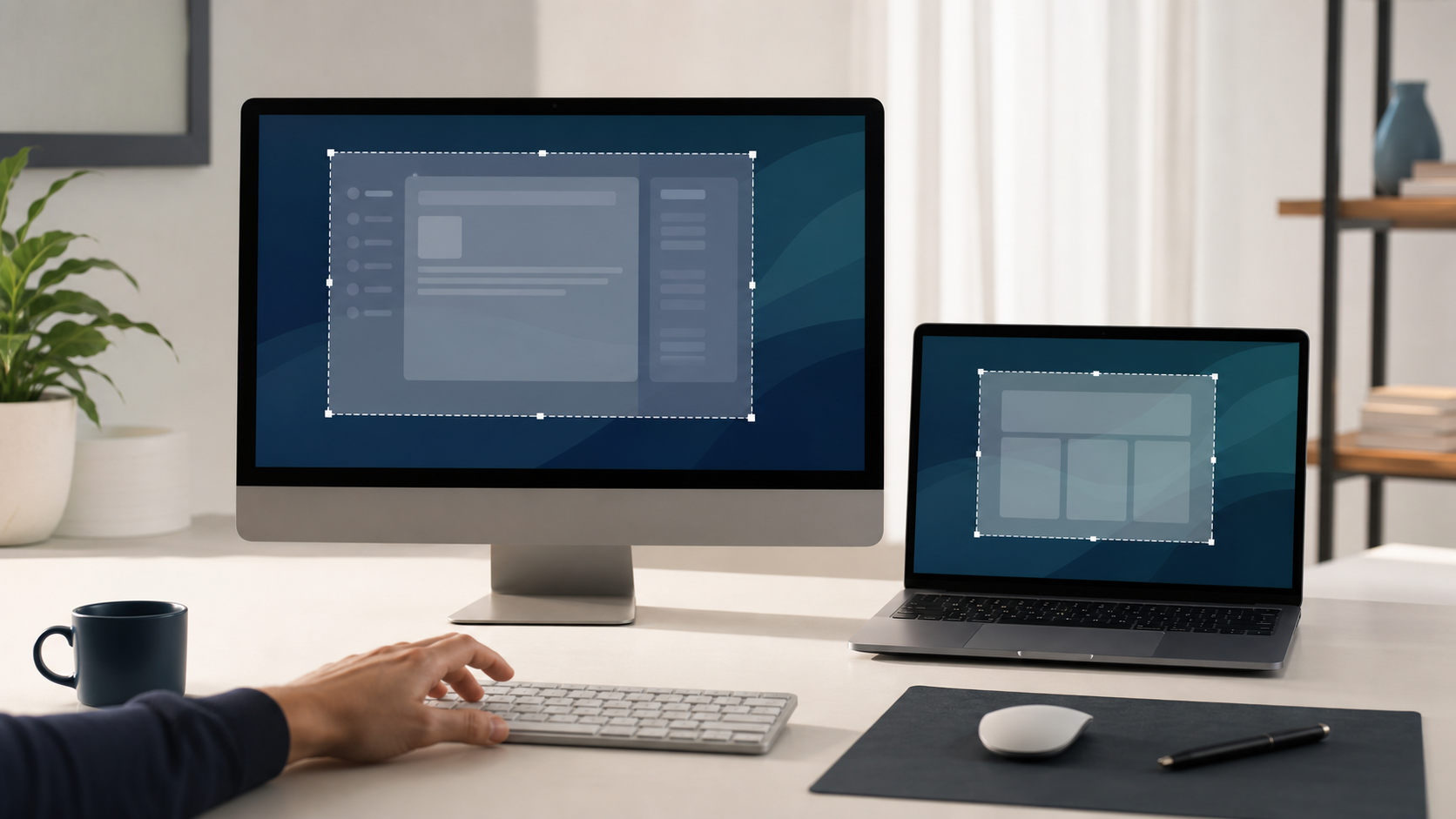 A desktop monitor and laptop displaying generic rectangular screen-capture selections