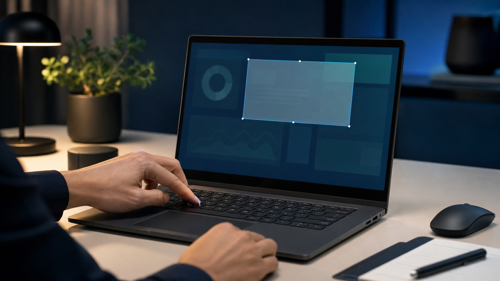 A person using a screen capture selection on an unbranded Windows laptop