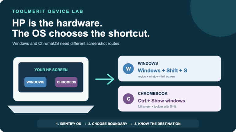 An HP laptop routed to either Windows screenshot shortcuts or Chromebook screenshot shortcuts.