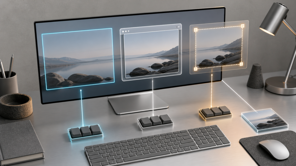 Three translucent frames represent full-screen, window, and selected-area captures