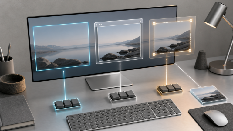Three translucent frames represent full-screen, window, and selected-area captures